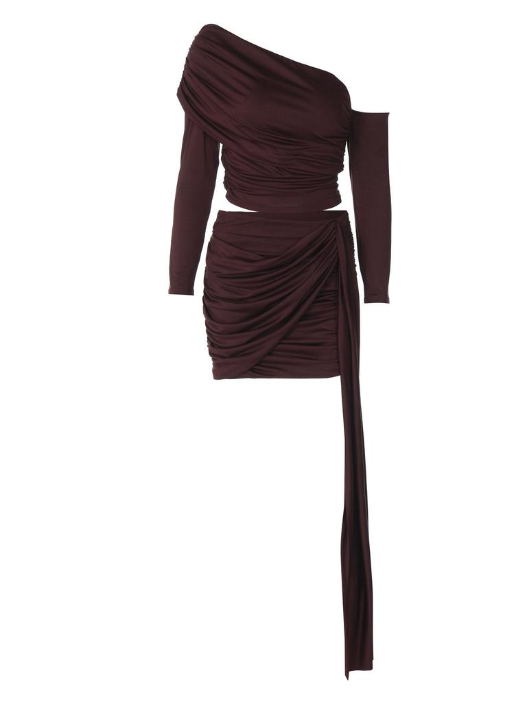 2025 Autumn French Women's One-Shoulder Long-Sleeve Top with Slimming Ruched Ribbon and Hip-Hugging Short Skirt Set