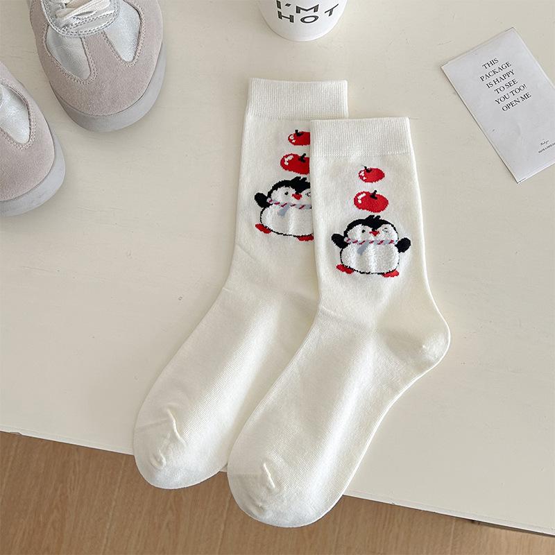 Penguin Socks Medium Tube Socks Tide Cartoon Embroidery Flocking Lace Cute Pure Cotton Stacking Socks