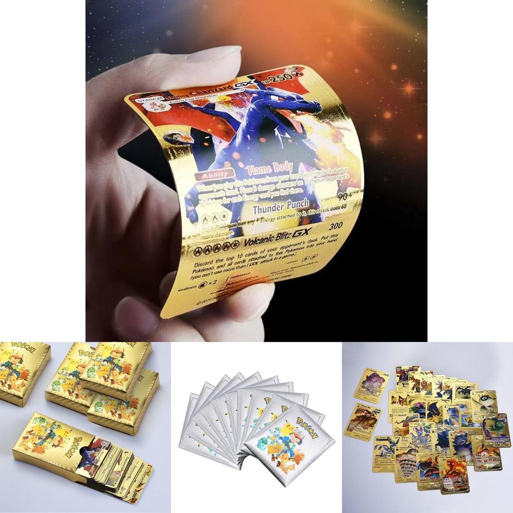 Błyszczące Karty Pokemon Metalowe Złote Karty Energii Kolekcja z Charizardem i Pikachu