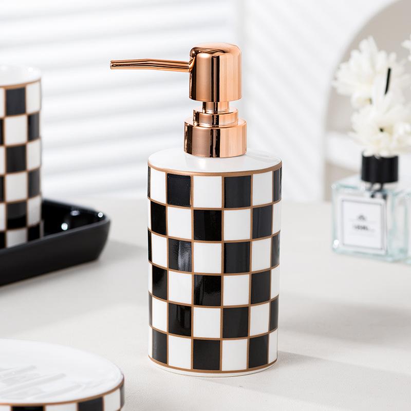 Black and white grid ceramic wash set mouthwash cup light luxury hotel bathroom brush cup soap dispenser dispenser bathroom