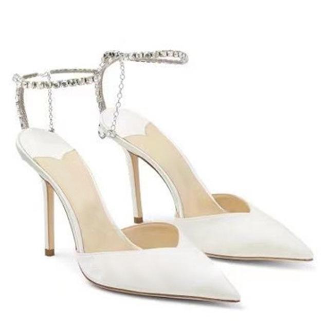 New Rhinestone Chain Sandals Summer Brand Catwalk 8 .5cm High Heels Pointed Black Sexy Thin Heels Size34 -42 Women 'S Shoes