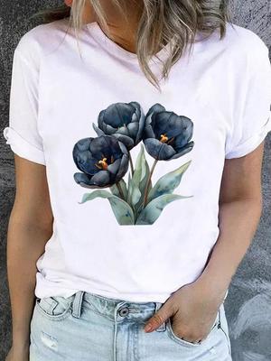 (Asian Size) O-neck Tee Sweet Flower 90s Trend Clothing Top Short Sleeve T Shirt Casual Fashion Print Lady Female Women Graphic T-shirts