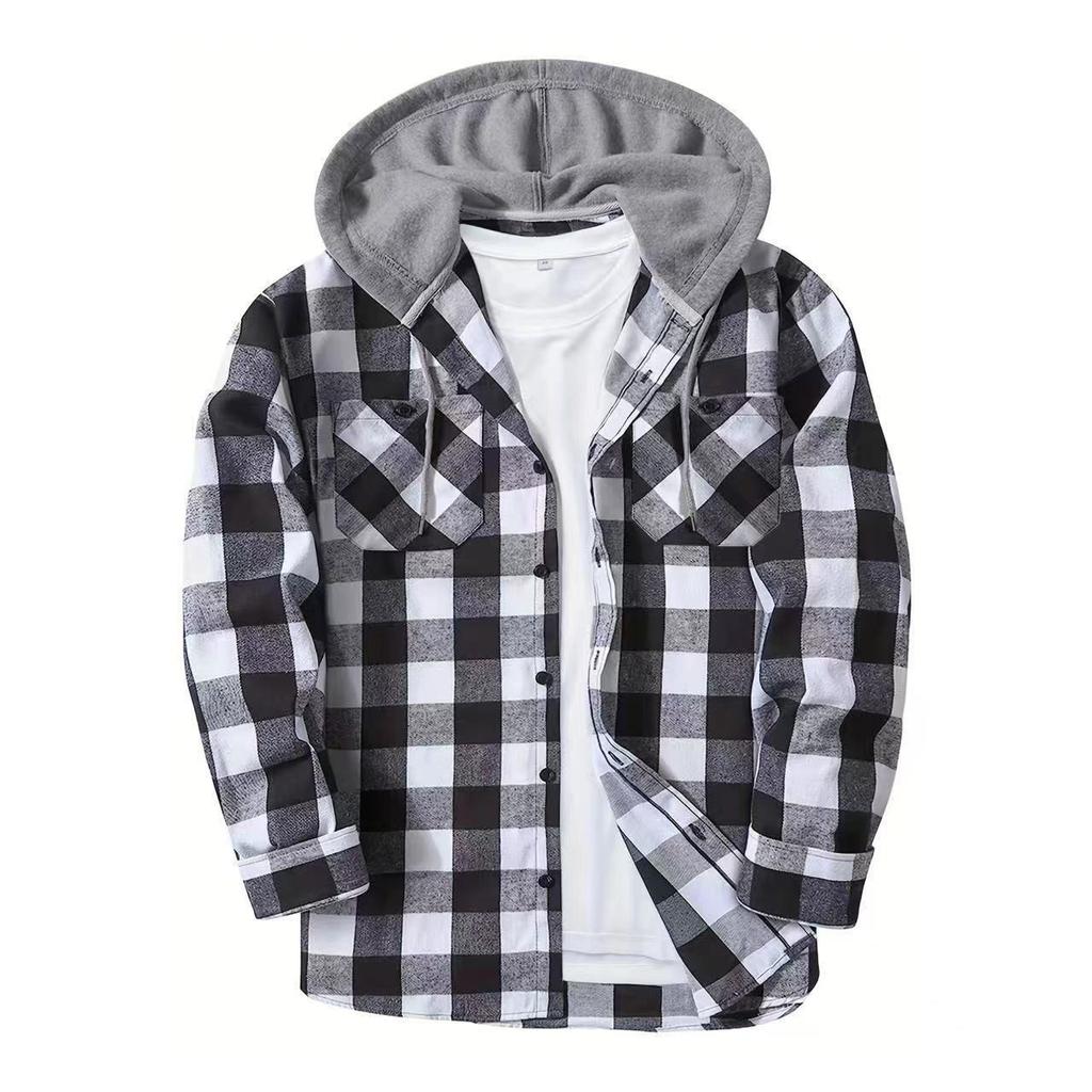 Autumn Men's Casual Fashion Couple Hooded Plaid Long Sleeve Shirt Trend