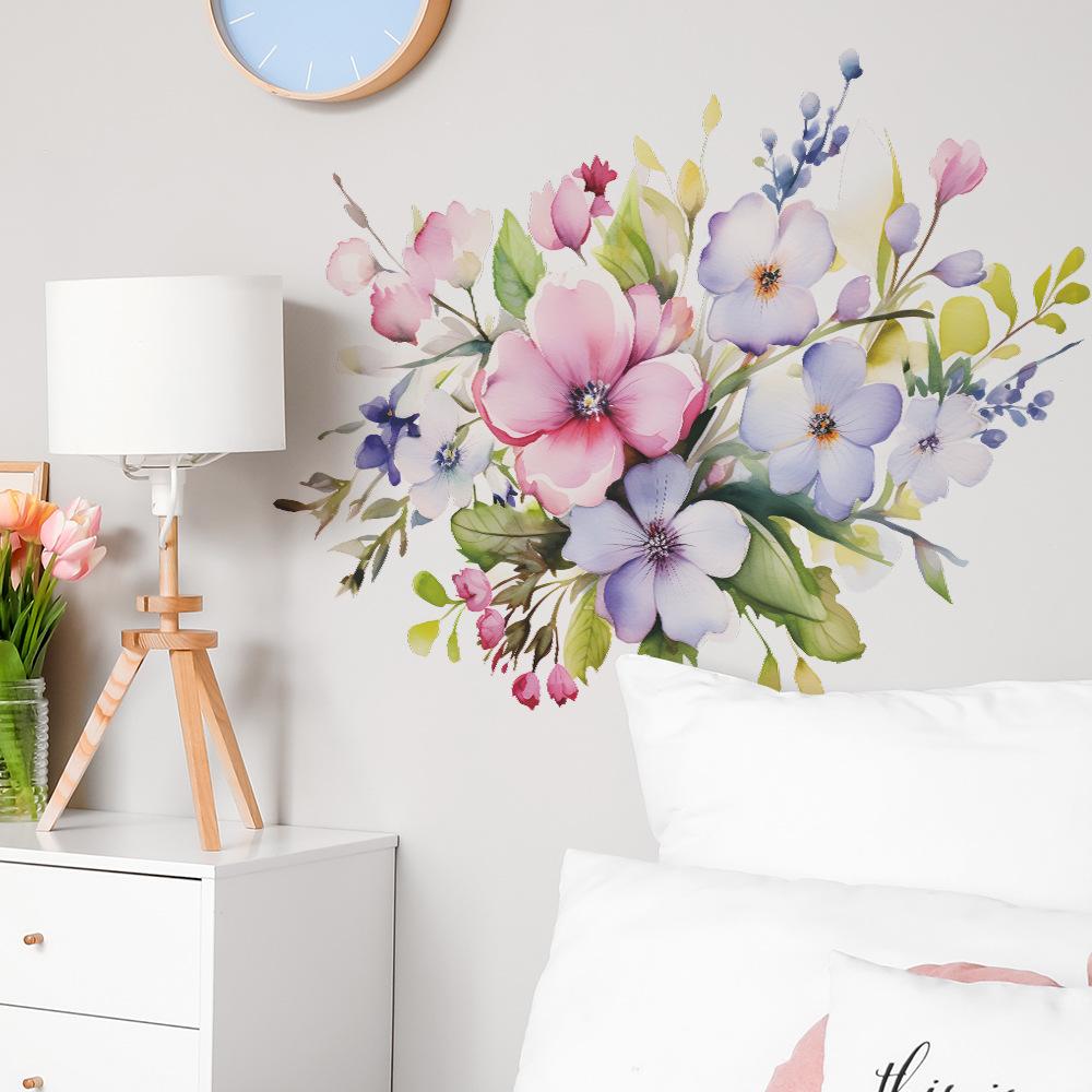 Watercolor Flowers Green Plant Leaves Bedroom Living Room Study Background Landscaping Wall Stickers Self-adhesive