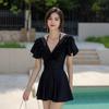 Women's Black One-Piece Skirt Swimsuit 2025 - Summer Conservative Swimwear, Sweet Slimming Design with Belly Coverage.
