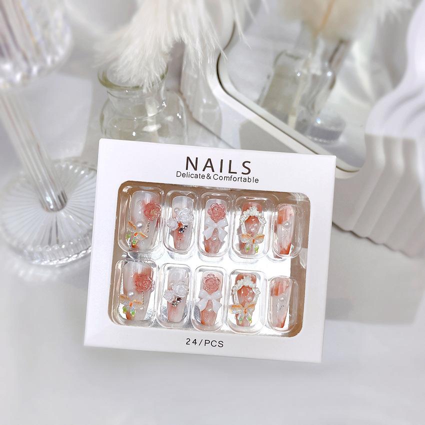 2024 New 24Pcs One Box Wearable Press On Fake Nails Butterfly Pearl Bowknot Flower Fashion Wear Nail Wedding Party Nail Patch