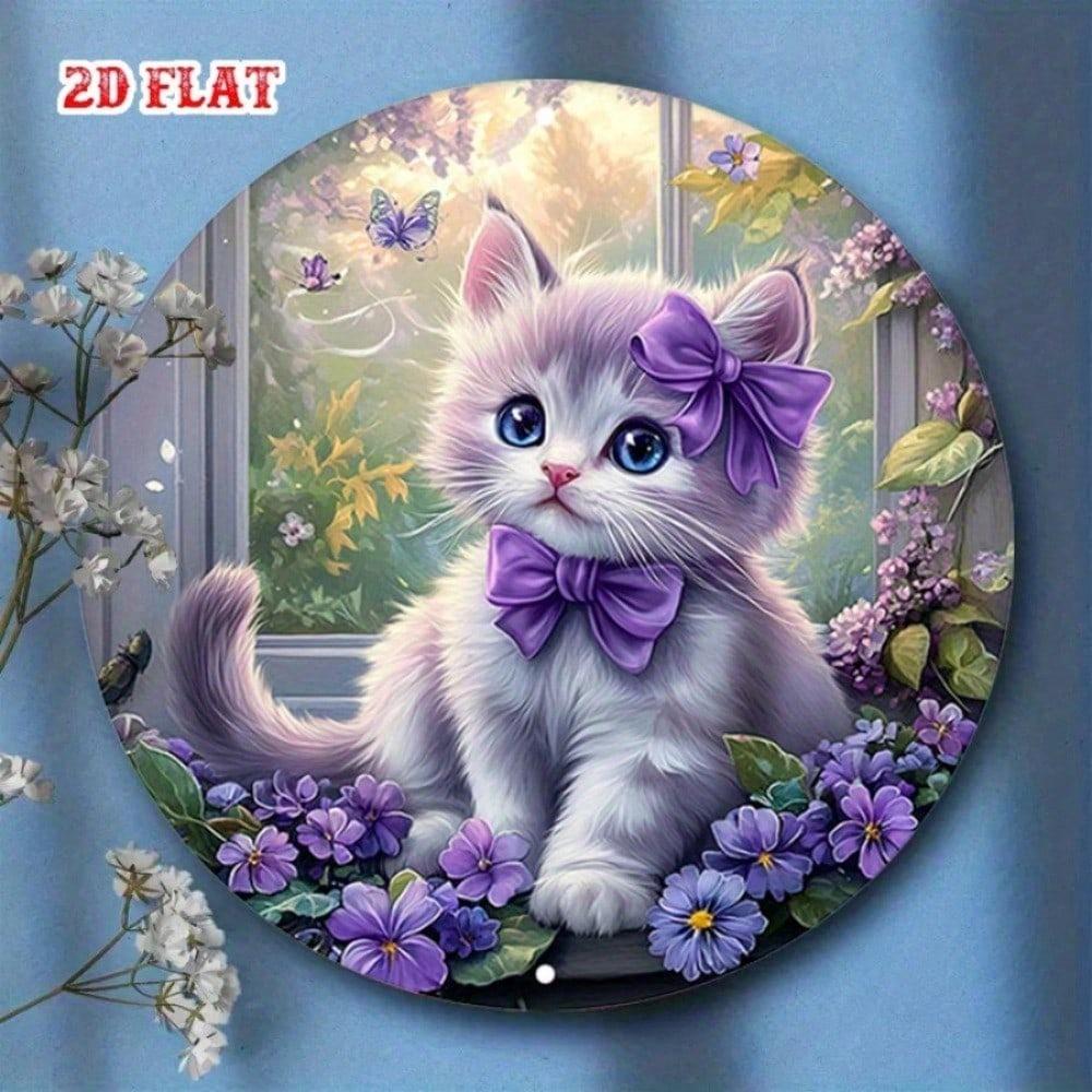 Cute Kitten Purple Floral Round Metal Wall Sign Vintage Iron Art Home Bedroom Decor Pet Lover Gift 8x8 Hanging Plaque