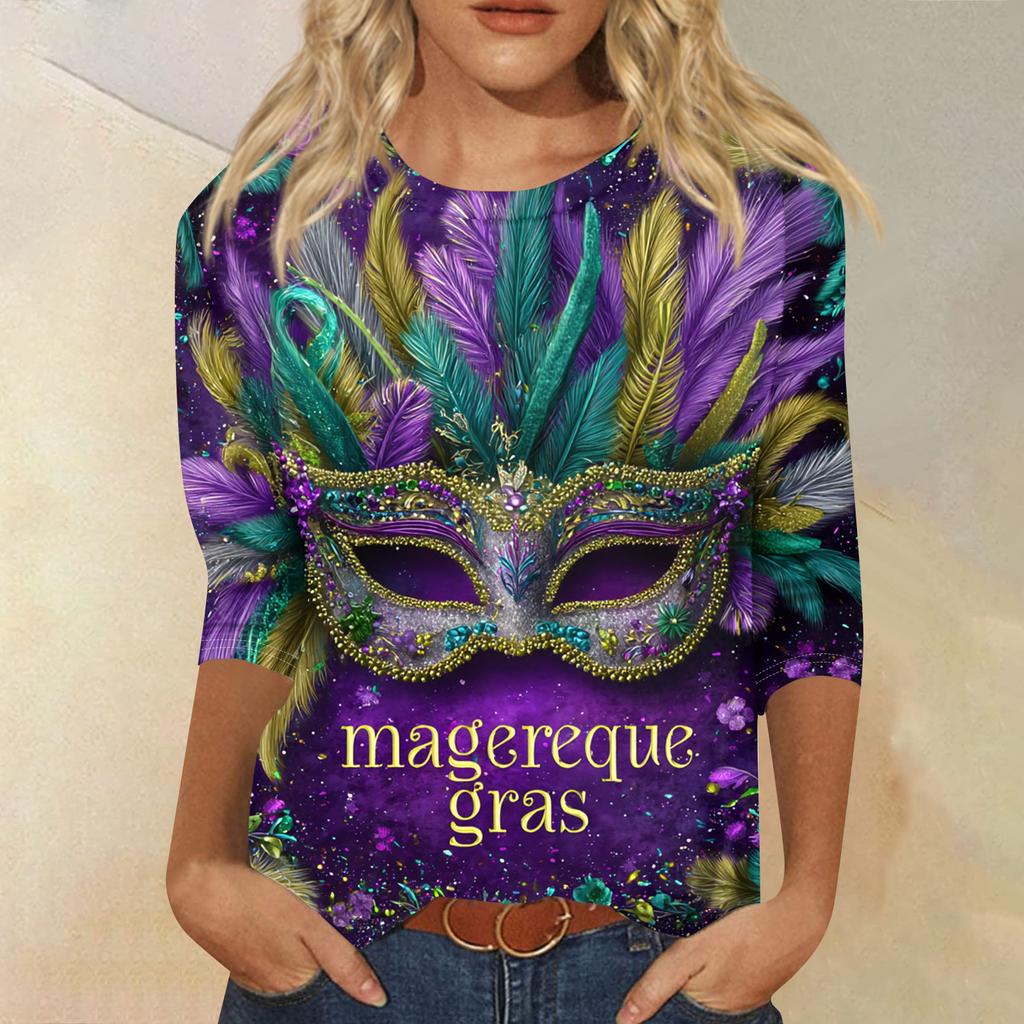 Dámské módní ležérní tričko s kulatým výstřihem a tříčtvrtečním rukávem s potiskem karnevalu