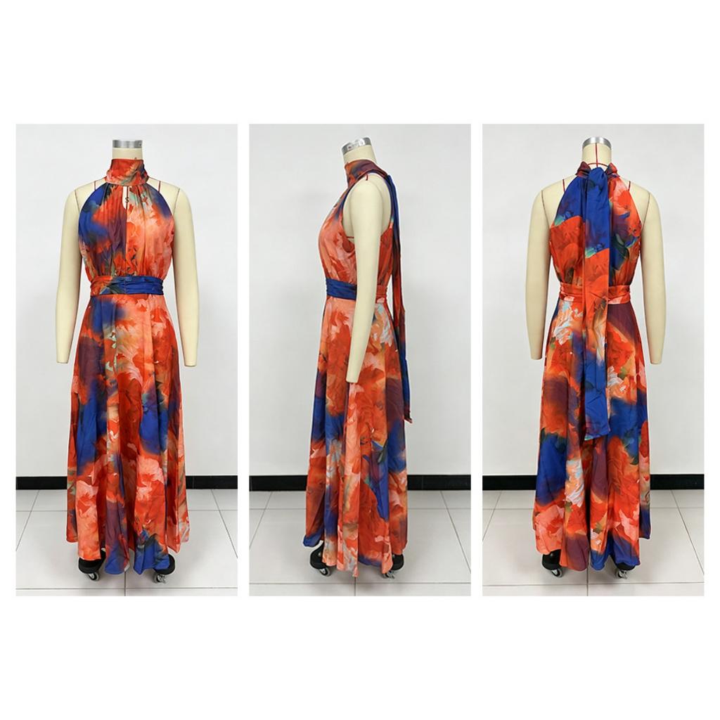 Women Halter Neck Sleeveless Printed Tie Waist Flowy Hem Dress, Casual Fashion Summer Dress for European American Women