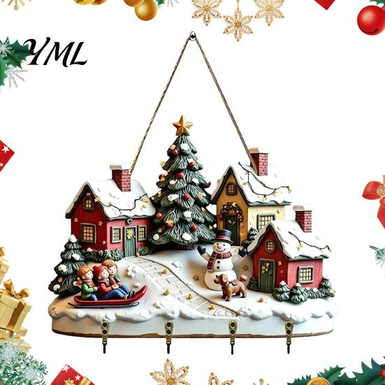 Winter Scene Home Decoration Christmas Village Wooden Wall Hanging, Snow House Snowman Plaque, 4 Hook Entryway Organization Supplies Mount Key Holder,