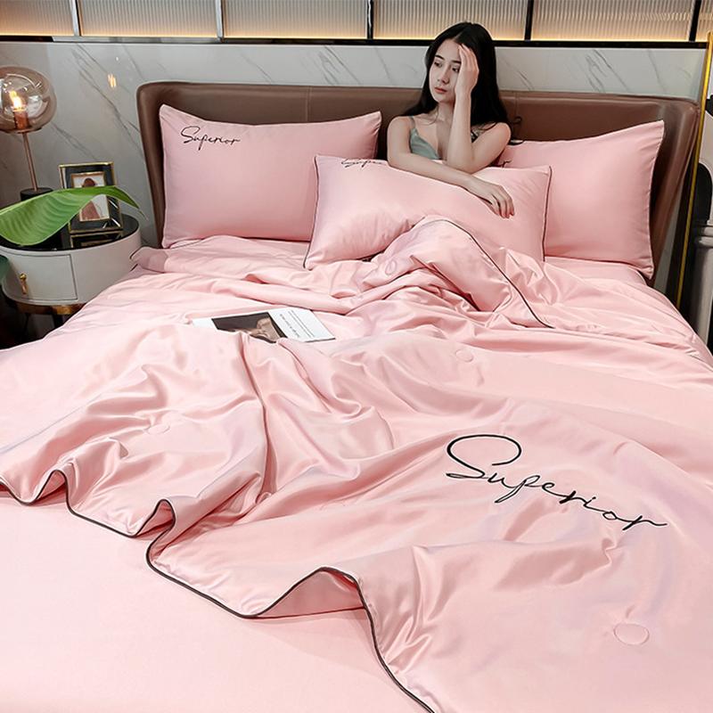 New Simple Satin Silky Summer Cooling Quilt Super Soft Breathable Blanket for Bedding Washable Embroidered Air Conditioner Duvet