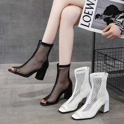 Fashion Summer Fashion Mesh Fish Mouth Short Tube High Heels Hollow Women Breathable Sandal Boots Platform Sandals Zapatos Para Mujeres
