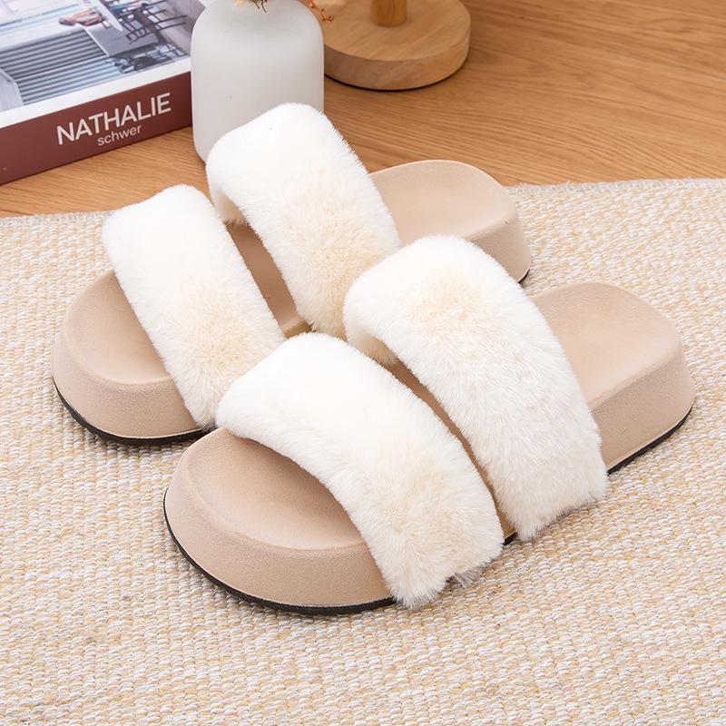 

Женские меховые тапочки премиум-класса: Толстая подошва, Нескользящая, Плоская, Плюс бархат, Для улицы, Коллекция Осень/Зима 2025. 240mm Length 38/39