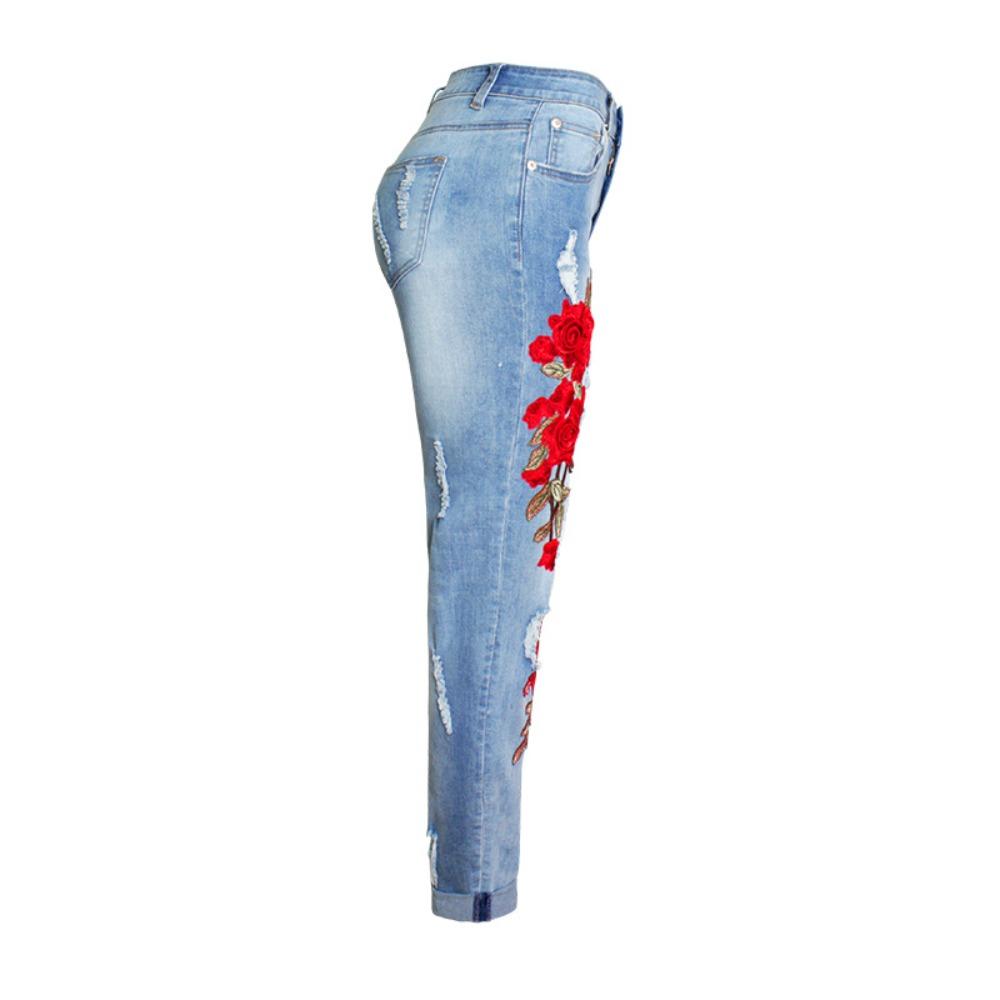 Women's Mid Rise Rose Floral Embroidery Straight Leg Jeans Distressed Cuffed Denim Pants Streetwear Casual Long Trousers