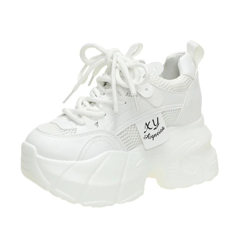 

9.5 см новые туфли на платформе для женщин сетчатые дышащие массивные кроссовки высокие белые теннисные туфли на платформе увеличивают повседневную спортивную обувь 38 белый