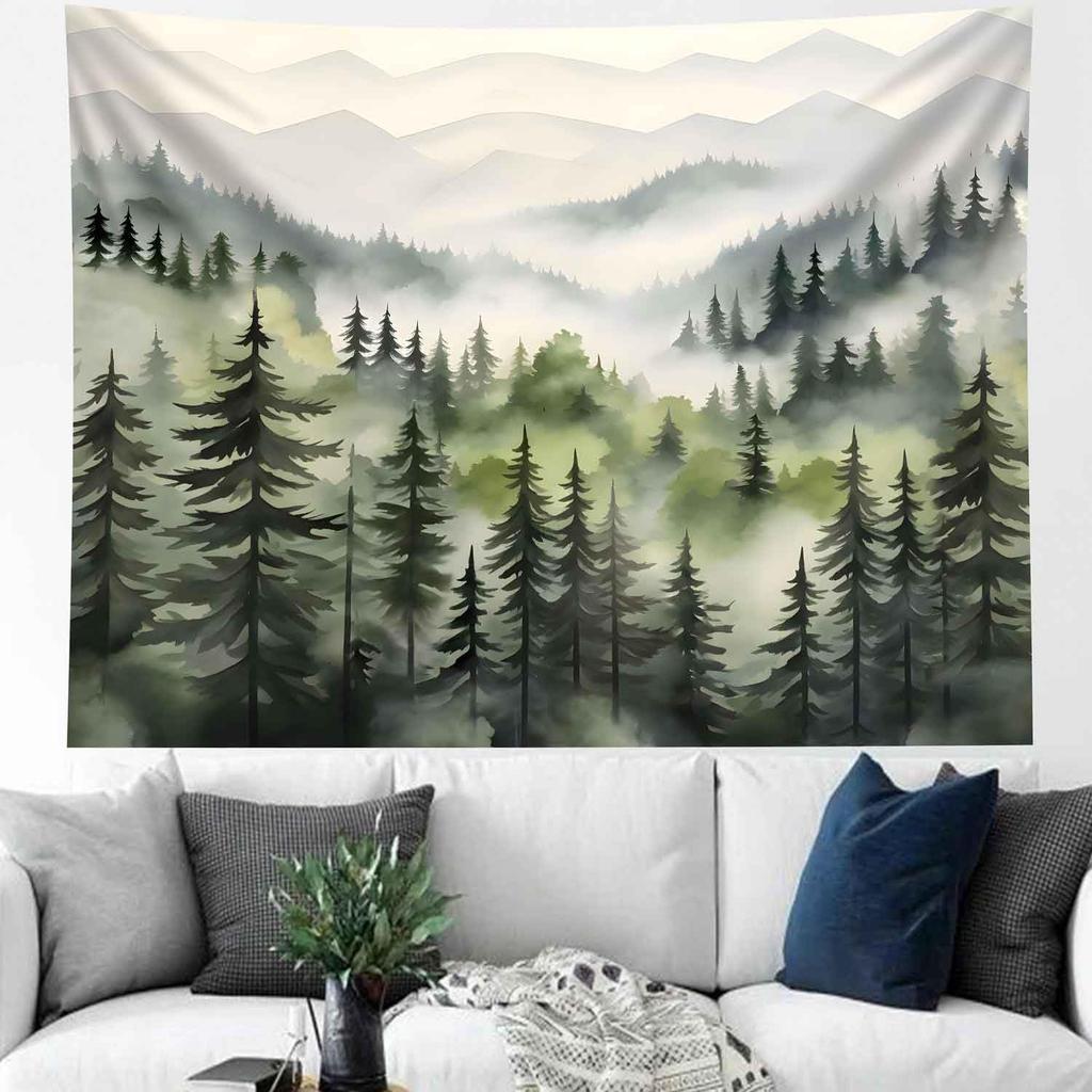 TUGCAY Misty Mountain Forest Tapestry, Green Nature Foggy Watercolor Tree Tapestries Landscape Scenery Tapestry Wall Hanging for Bedroom Living Room