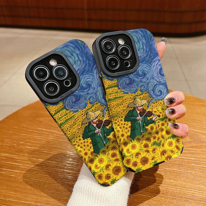 Vertical Leather Shell Sunflowers Painting Printed Patterned Shockproof Soft Silicone Case with Camera Lens Full Protection for IPhone Samsung