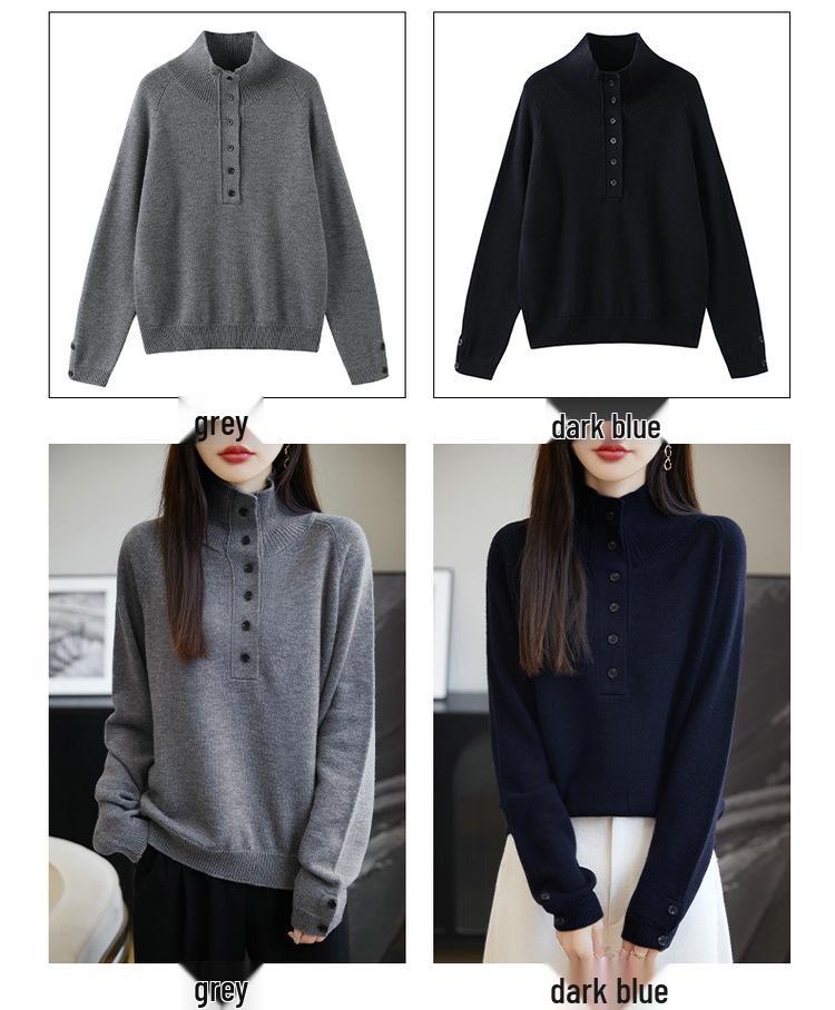 Women's 100% Wool Korean-Style Knit Sweater - Button Half-Open Stand Collar, Loose, Thickened for Autumn/Winter
