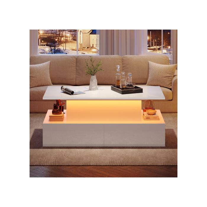 Table basse - MUVOE - Moderne - Blanc brillant - Éclairage LED - 4 tiroirs
