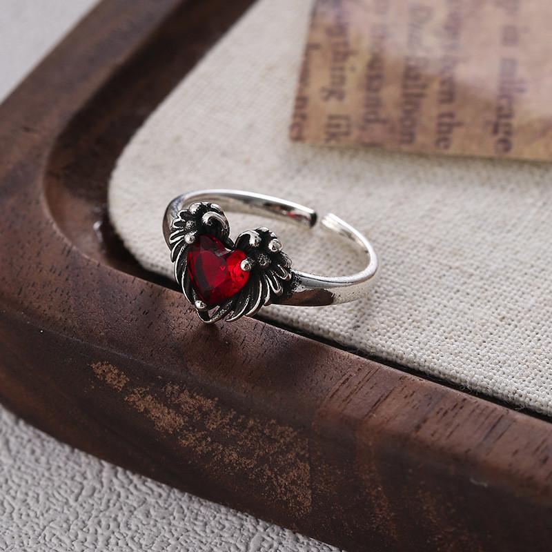 

Chic Geometric Red Zircon Ring With Vintage Wing Heart Design For Women Adjustable Size Jewelry