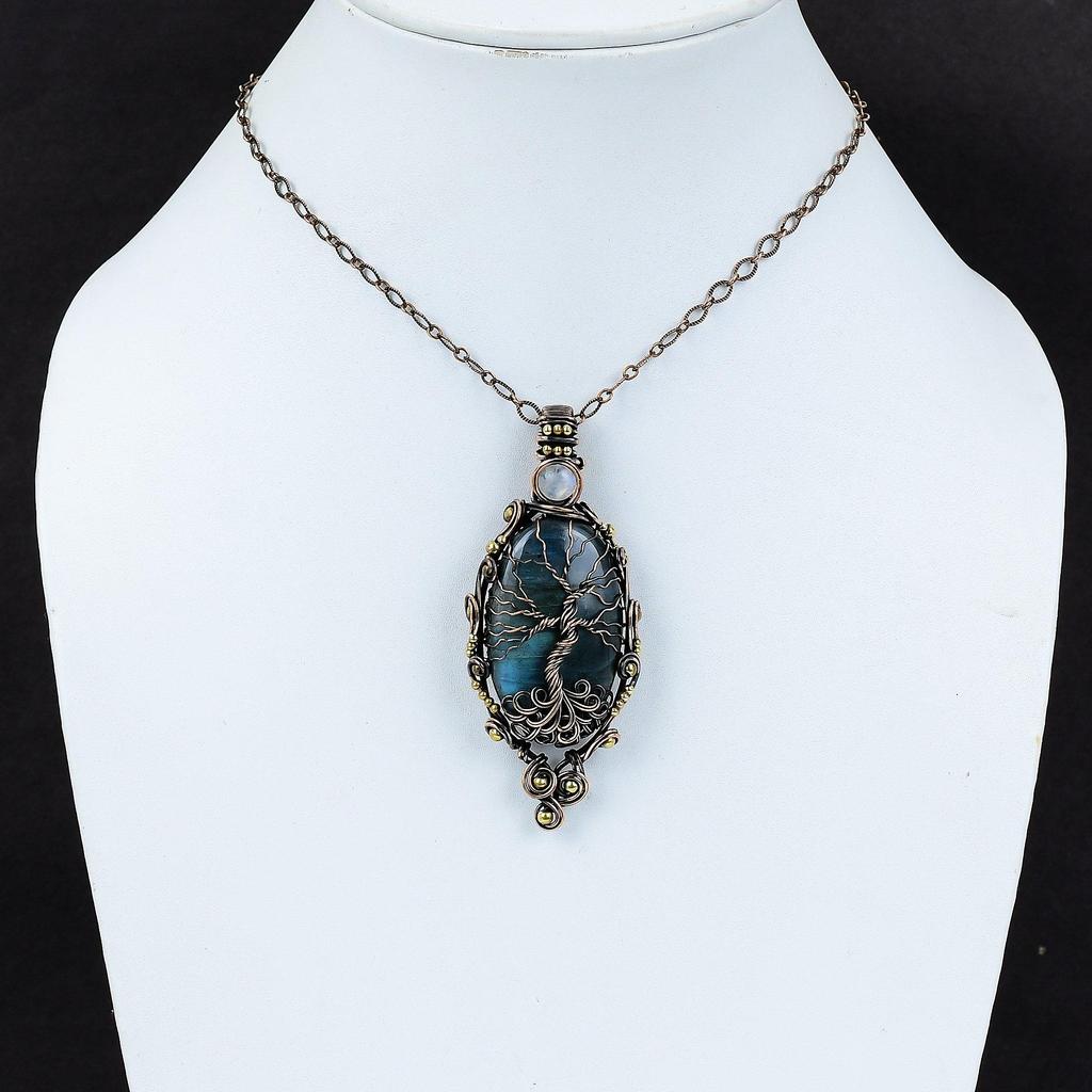 Baum des Lebens Labradorit Anhänger Kupferdraht umwickelt Anhänger Regenbogen Mondstein Anhänger handgemachter Edelstein Schmuck Geschenk für Sie Kupferschmuck