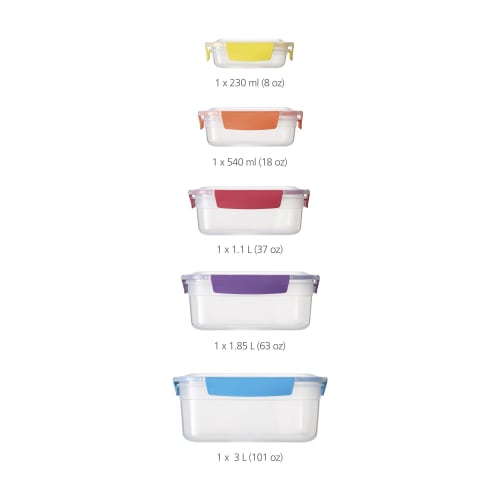 Joseph Joseph Nest Lock Plastic Food Storage Container Set with Lockable Airtight Leakproof Lids, 10-Piece Set, Multicolor