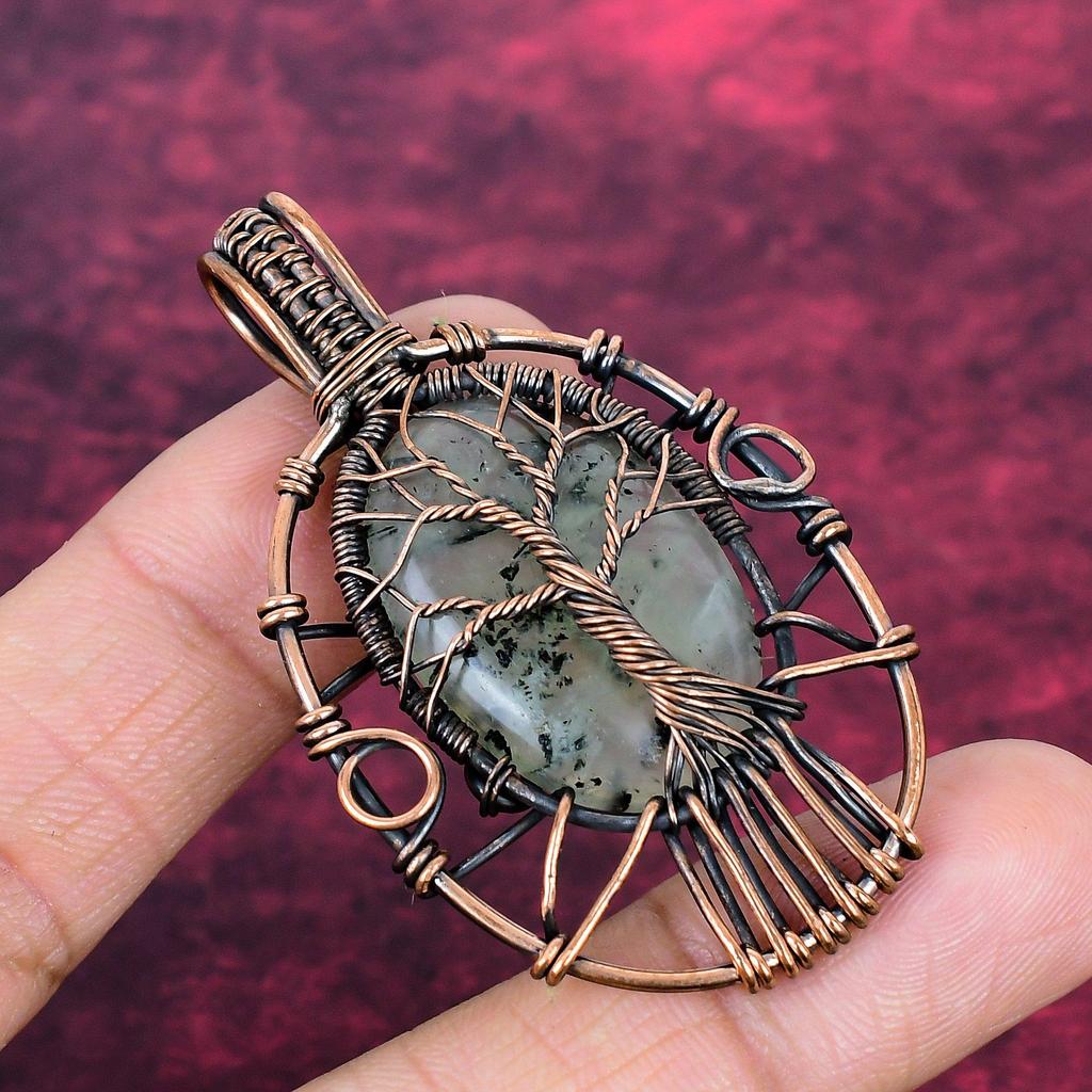 Tree Of Life Moss Prehnite Pendant Copper Wire Wrapped Pendant Gemstone Jewelry
