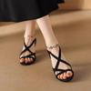 Black summer new temperament pearl sandals round head medium thick heel evening small high heel sandals women