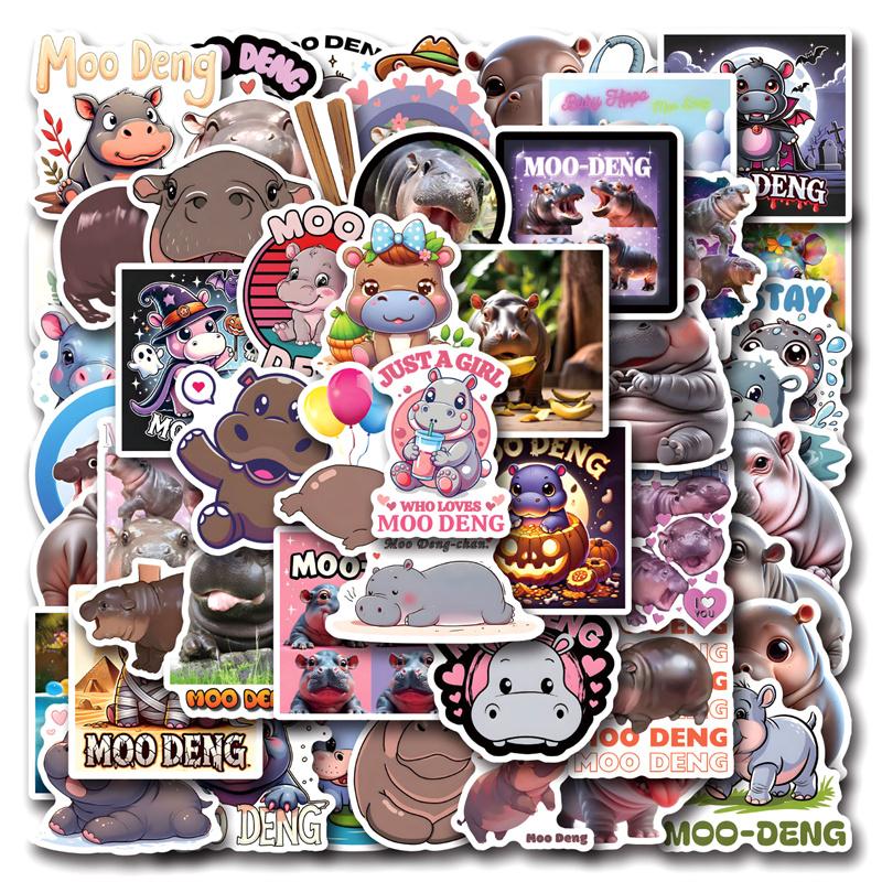 

50 Sheets Moo Deng Hippopotamus Stickers Kawaii Animal Sticker Scrapbook Luggage Laptop Guitar Bike Cartoon Decals Kids Toy