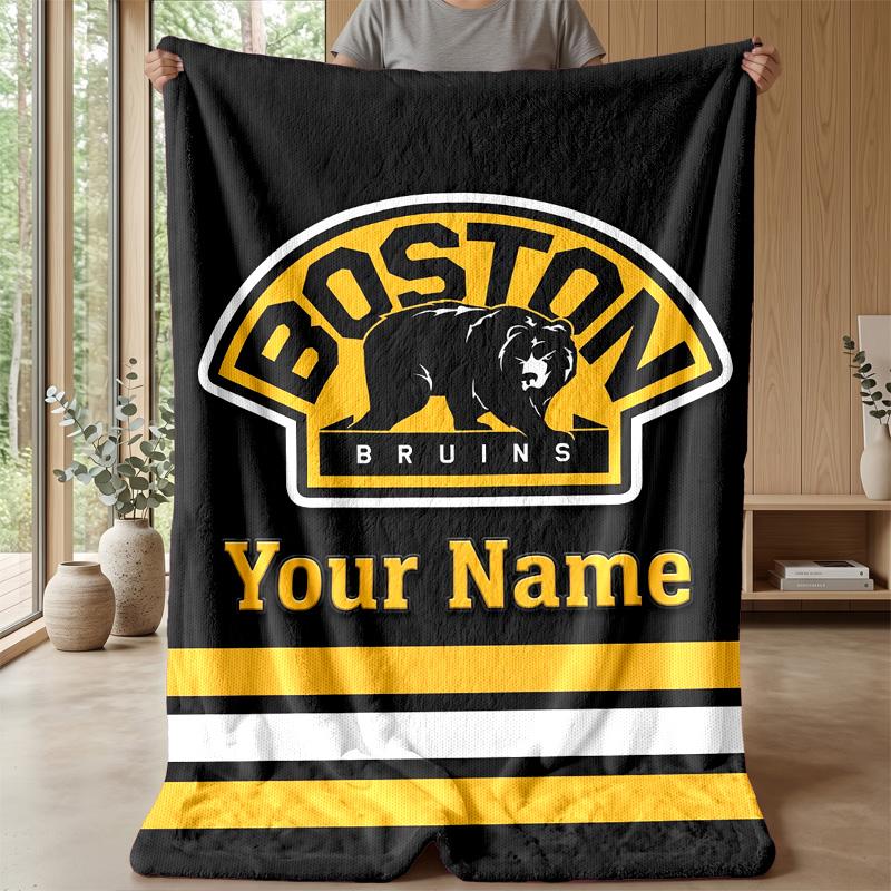 Boston Bruins Custom Flannel Throw Blanket Print Your Name Text Soft Warm Blanket Holiday Present