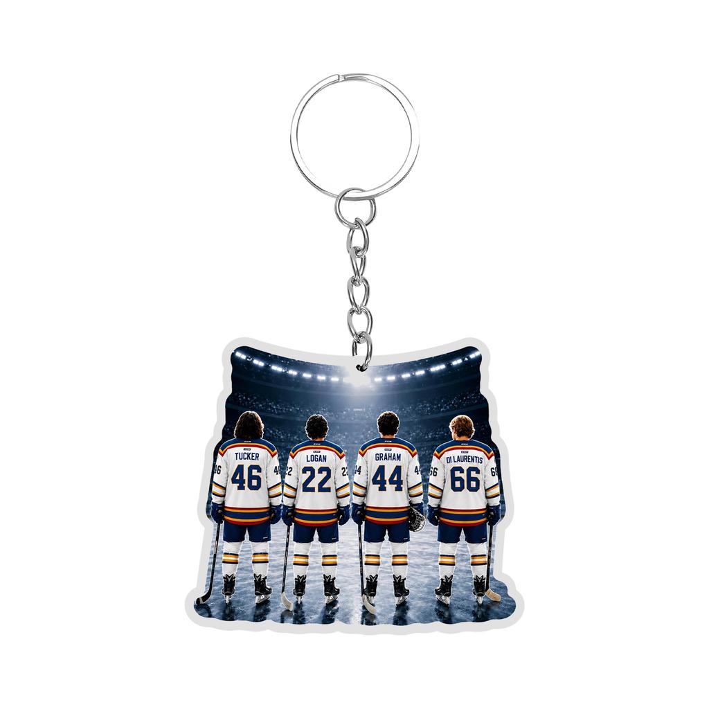 Acrylic Keychain Featuring Four Ice Hockey Players Standing Side by Side Wearing Numbered Jerseys with Attached Metal Key Ring for Easy Carrying
