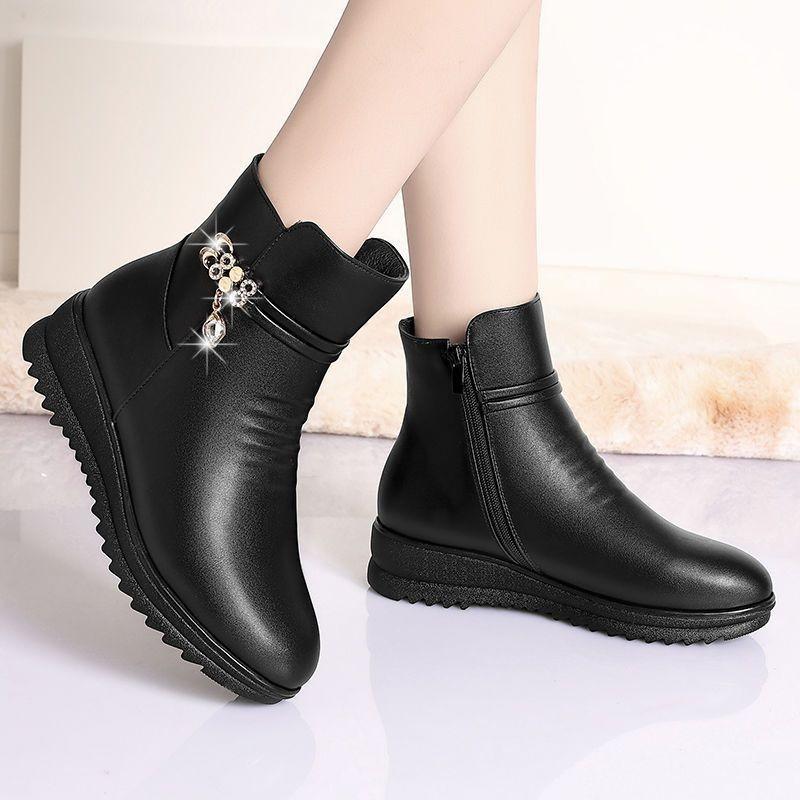 Women's Boots Leather Ankle Boots New Winter Plush Platform Snow Boots Zipper Black Women Cotton Shoes Classic Warm Casual Boot