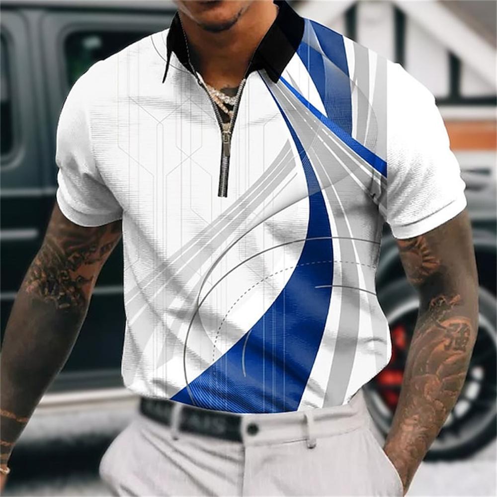 Men's Zipper Polo, Collar Polo Shirt, Golf Shirt, Graphic Print, Geometry, Linear Opening, Short Sleeve, Zipper Clothing Top