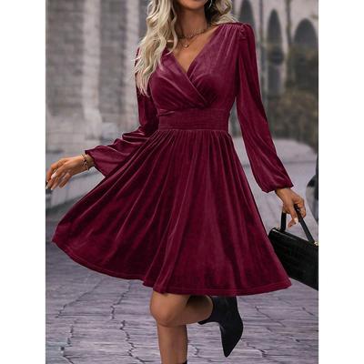 Vestido casual feminino de manga comprida e decote em V, moda outono, linha A, cintura alta, vestido de inverno feminino, elegante, vintage, liso, slim, festa, vestido feminino 25825