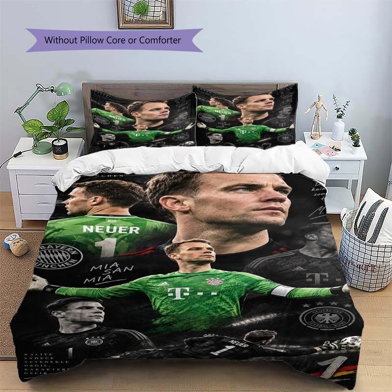 Manuel Neuer Fußball Collage Bettwäsche Set, Fußballtorwart Porträt Bettbezug, 3-teiliges Bettwäsche-Set mit 2 Kissenbezügen für Schlafzimmer Dekor, Ohne Bettdecke
