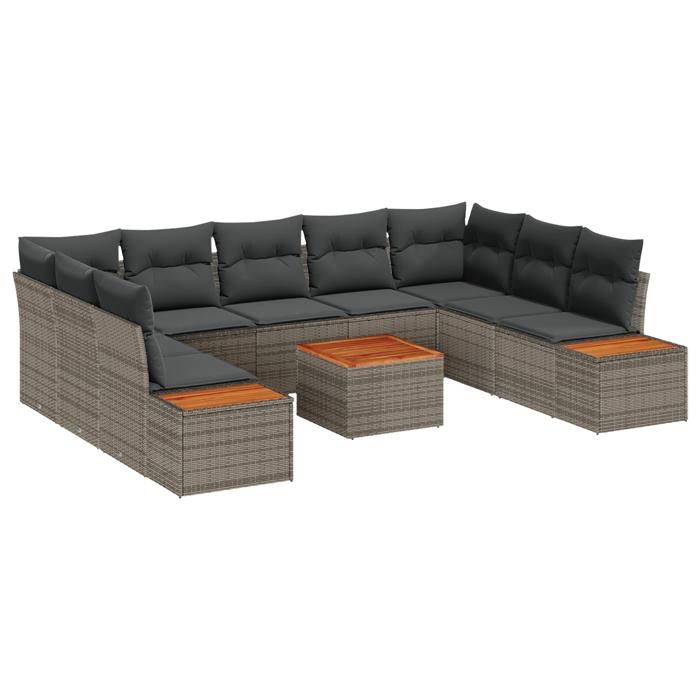 VidaXL Ensemble de Canapés de Jardin de 10 Pièces avec Coussins Gris en Poly Rattan Acacia 3348170