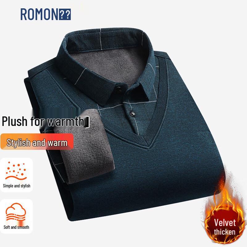 Romon Men s Fleece-Lined Faux Two-Piece Winter Base Layer Shirt XL