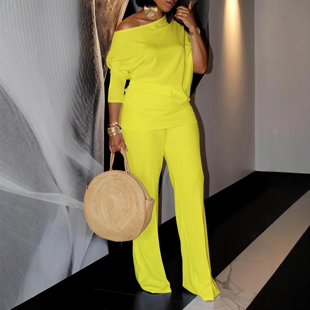 Women's Autumn Fashion Solid Slant Neck Top with Wide Leg Pants Set