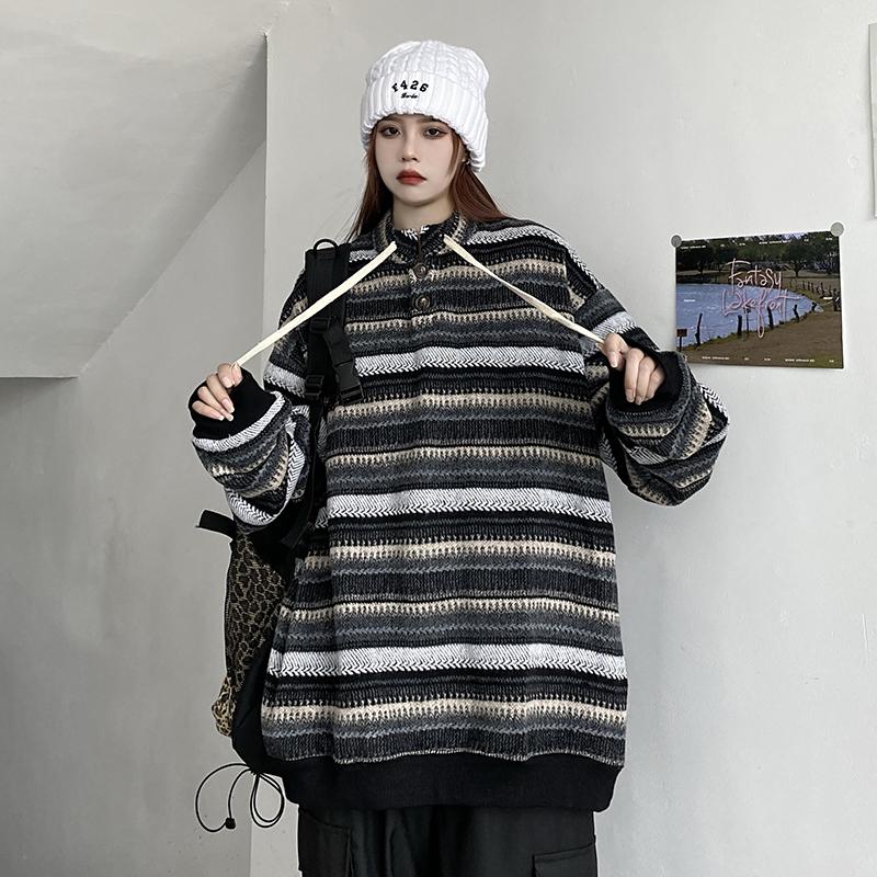 Autumn and Winter Vintage Striped Loose Pullovers Women Sweater Long Sleeve Casual Plus Size Knitted Sweaters Women Fashion O Neck Knit Jumpers 25361