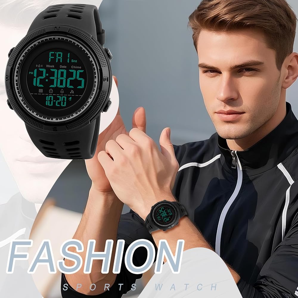 Outdoor Men's Digital Watch Silicone Waterproof Large Numbers Luminous Calendar Function Sports Style Black