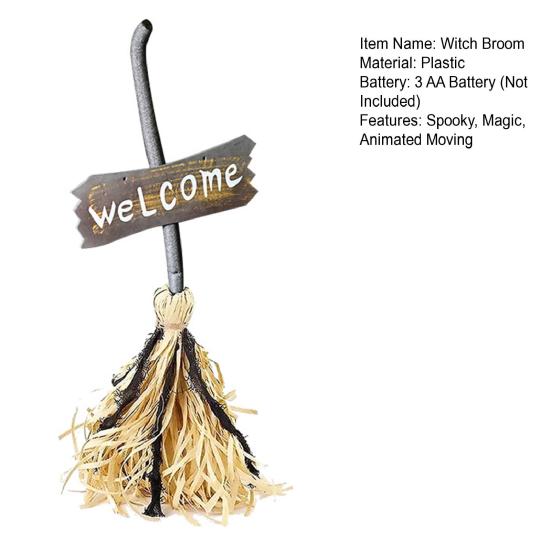 Animated Floating Witch Broom 28" Halloween Magic Dancing Broom Light Up Moving Broomstick with Sound for Haunted House Floor Decor