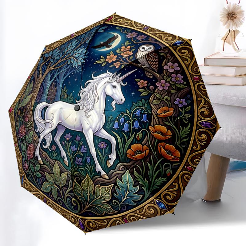 

1pc Sturdy 8-Bone Auto Umbrella, Jeweled Emerald Unicorn Umbrella, Digital Printed, Foldable Umbrella for On-the-Go Outdoor Use