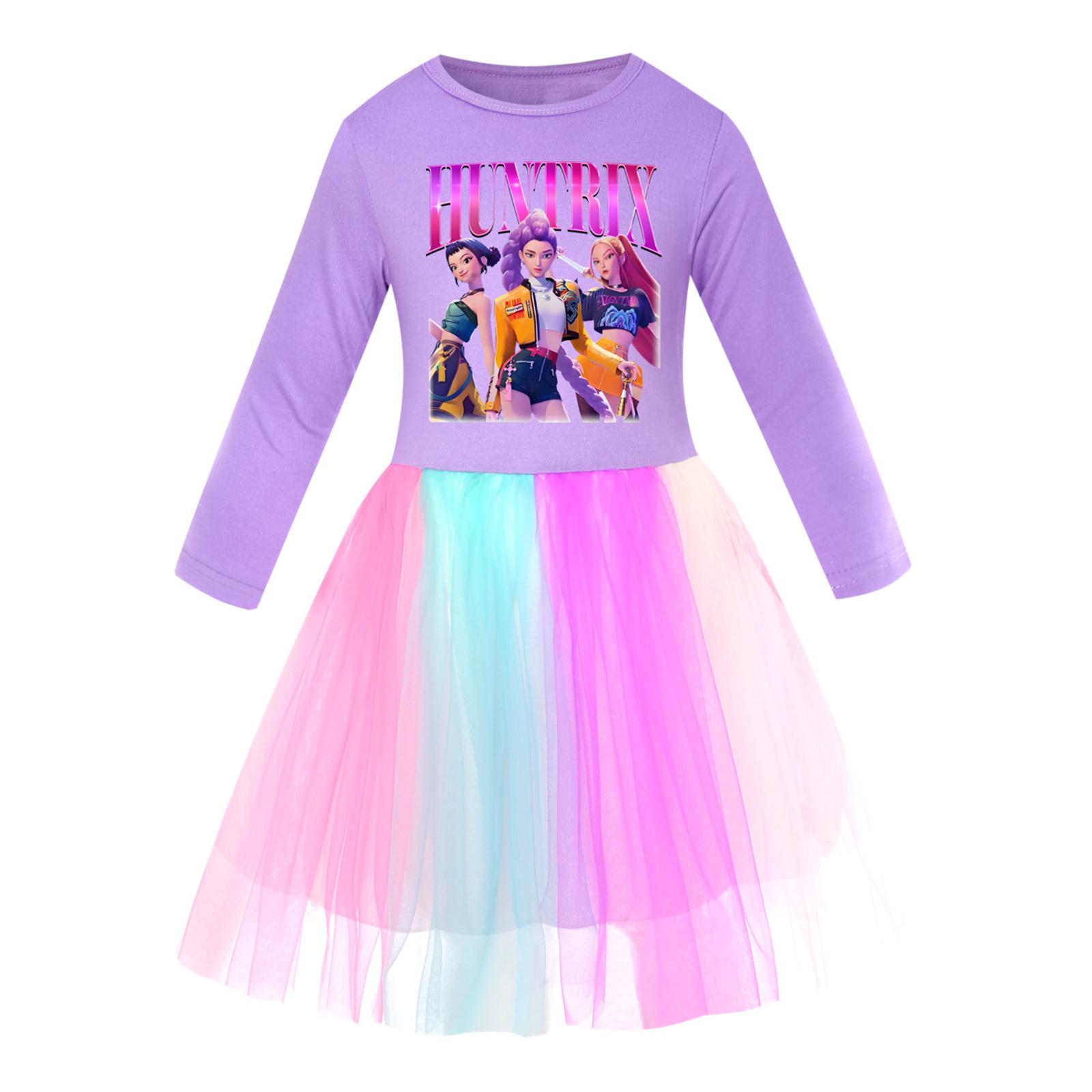 

Girls Star-Print Skirt Round-Neck Long-Sleeve Colorful Lace Patchwork Dress 150 фиолетовый