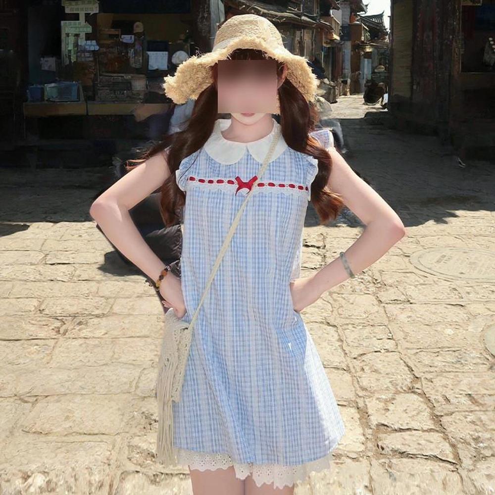 French Sweet Blue Plaid Small Fly Sleeve Dress Unique Beautiful Small Doll Collar a Word Short Skirt Summer