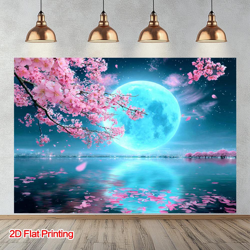 2D Plane the Cherry Blossom Lake Scenery Under the Moonlight Is Very Suitable for Both Indoor and Outdoor Use Polyester Fiber