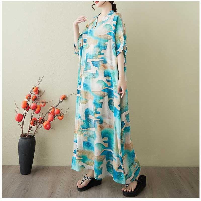 Women's Vintage Long Dress with Cotton and Linen Patterns