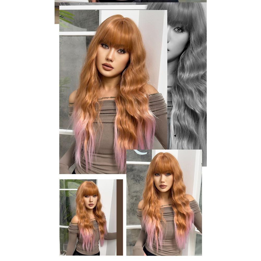 2024 New Brown Gradual Change Pink Hair Tail Dye Qi Bangs Big Waves Long Curly Hair Fashion Wig Full Head Hairstyle