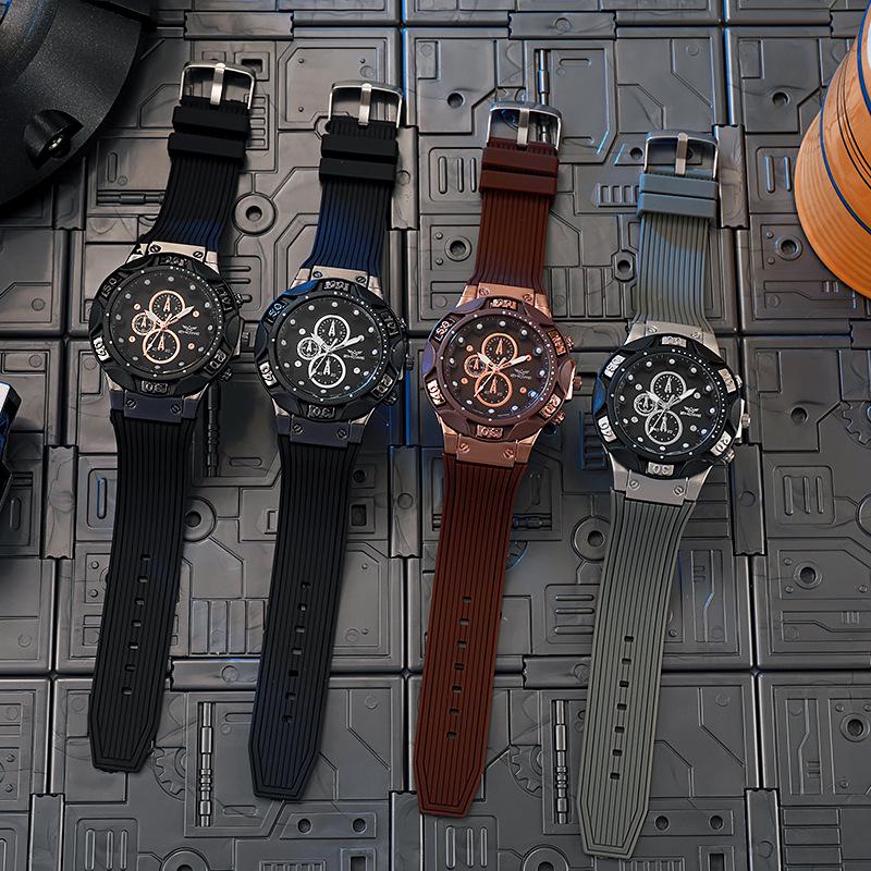 Men's Trendy Three-Eye Quartz Watch with Silicone Strap - Fashionable and Casual Design