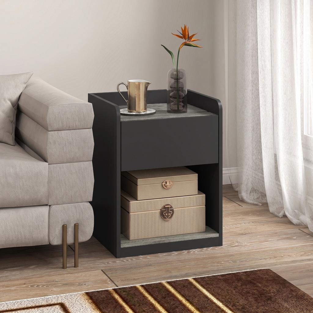 Modern Bedside Table, Slim Nightstand with Drawer, Shelf and Cable Holes, Black and Grey Wood Effect