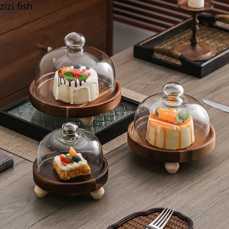 Wooden High Footed Cake Tray Dim Sum Dish Dessert Plate Cake Stand Fruit Bowl Bread Plate Show Plates Dust Proof Glass Cover